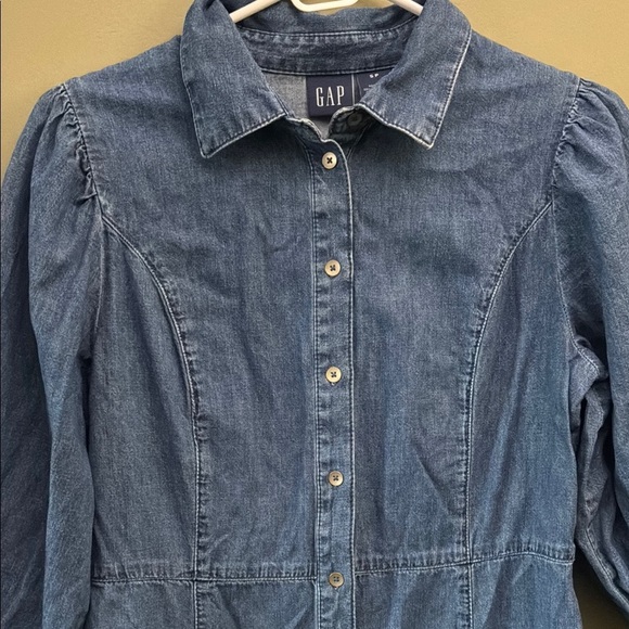 GAP Blue Buttoned Midi Dress with Notched Collar - Picture 3 of 10